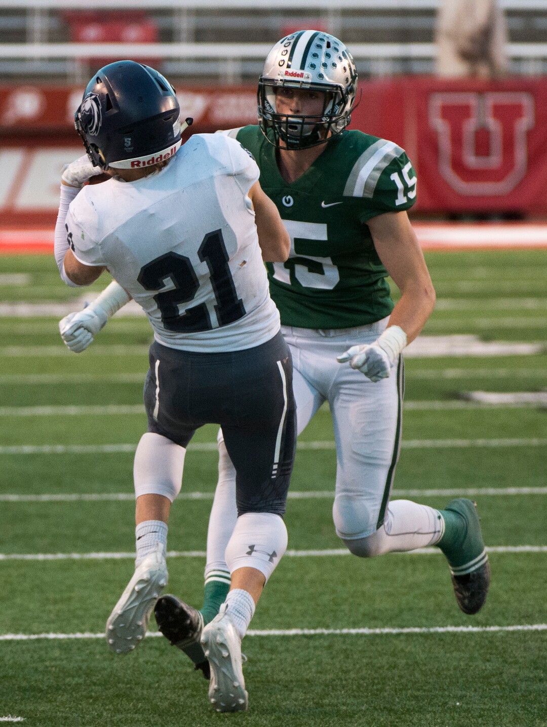 (Rick Egan  |  The Salt Lake Tribune)     Corner Canyon defensive back Andrew McDonald intercepts a pass in the final minute of the game to give the Chargers the win over the Olympus Titans, in 5A football semifinal action between Olympus and Corner Canyon at Rice-Eccles Stadium, Thursday, Nov. 8, 2018.
