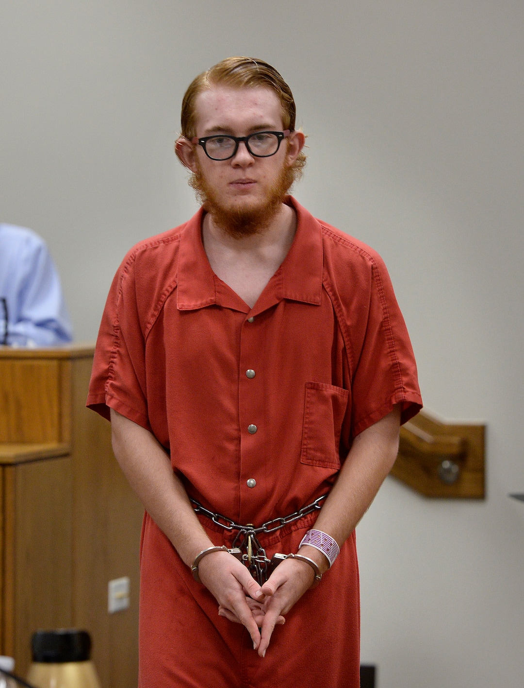 (Scott Sommerdorf   |  The Salt Lake Tribune)   Defendant Tyerell Joe Przybycien, 18, of Spanish Fork, returns to court following a break that was taken after the video showing the hanging death was shown during his preliminary hearing, Wednesday, August 23, 2017.  Przybycien is charged with first-degree felony murder for buying items used by a 16-year-old girl to hang herself on May 5 in Utah County.  Przybycien also recorded the girl's death, according to charges.