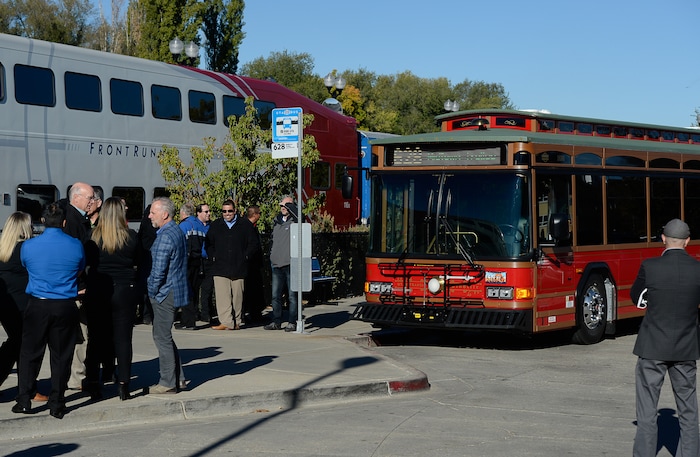 (Francisco Kjolseth | Francisco Kjolseth) UTA unveils a new historic-style trolley bus at the Layton Frontrunner station on Monday, Oct. 15, 2018, that will operate for free on Route 628 in Layton.