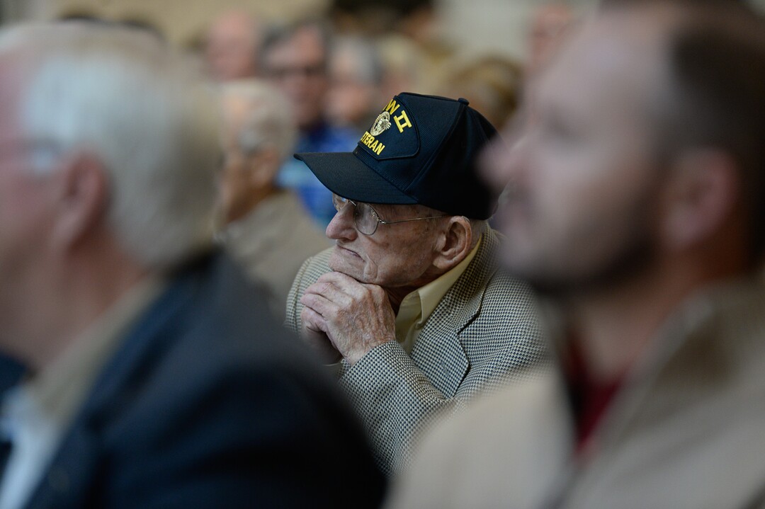 (Francisco Kjolseth  |  The Salt Lake Tribune)  Albert Vise, 100 who was part of the 13th wave on Omaha Beach on D-Day, joins a veteran centenarian celebration honoring over 20 veterans 99 and older in Utah at the State Capitol Rotunda on Tuesday, Nov. 5, 2019.