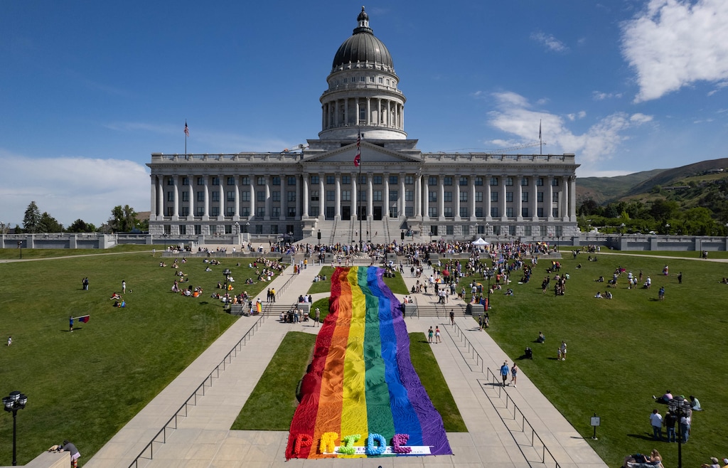 (Francisco Kjolseth  |  The Salt Lake Tribune) People begin to gather at the Utah Capitol for the march down State Street as part of the Rainbow March and Rally in downtown Salt Lake City for Utah Pride Week on Saturday, June 1, 2024.
