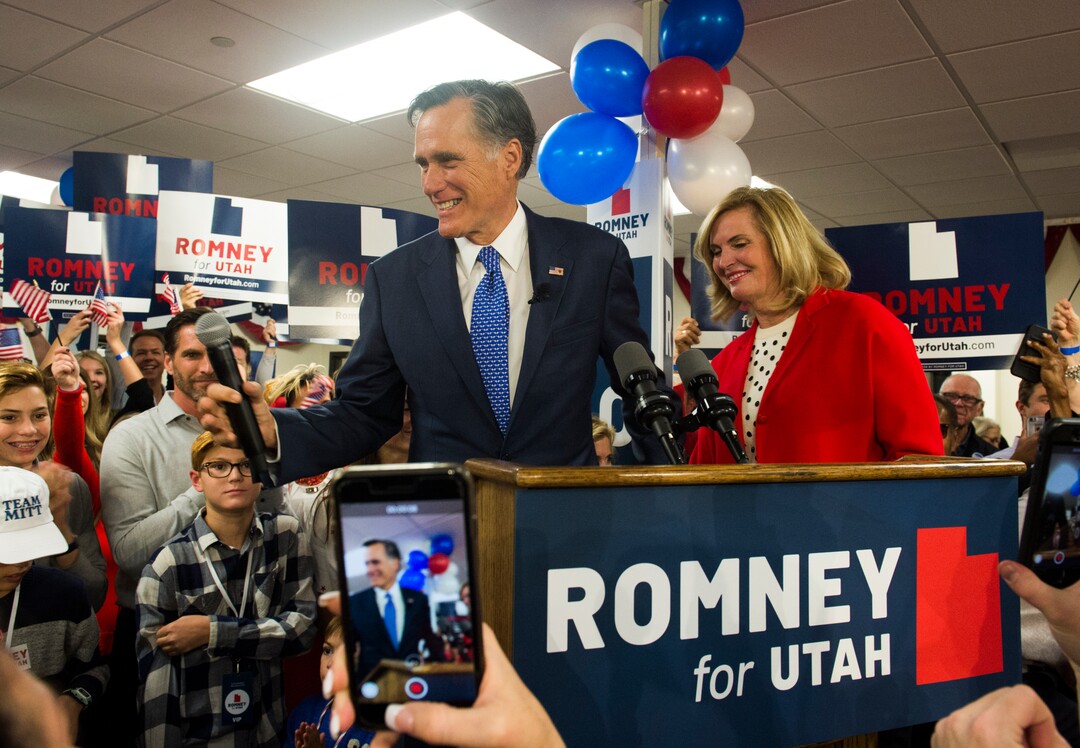 (Rick Egan  |  The Salt Lake Tribune)   Mitt Romney gives his victory speech, at the Romney Headquarters, in Orem, on election night, Tuesday, Nov. 6, 2018.