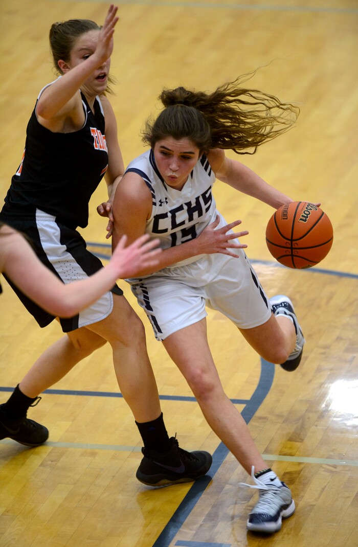 (Steve Griffin  |  The Salt Lake Tribune) Corner Canyon's Kemery Martin drives into the lane during game against Timpview at Corner Canyon High School in Draper Tuesday January 16, 2018.