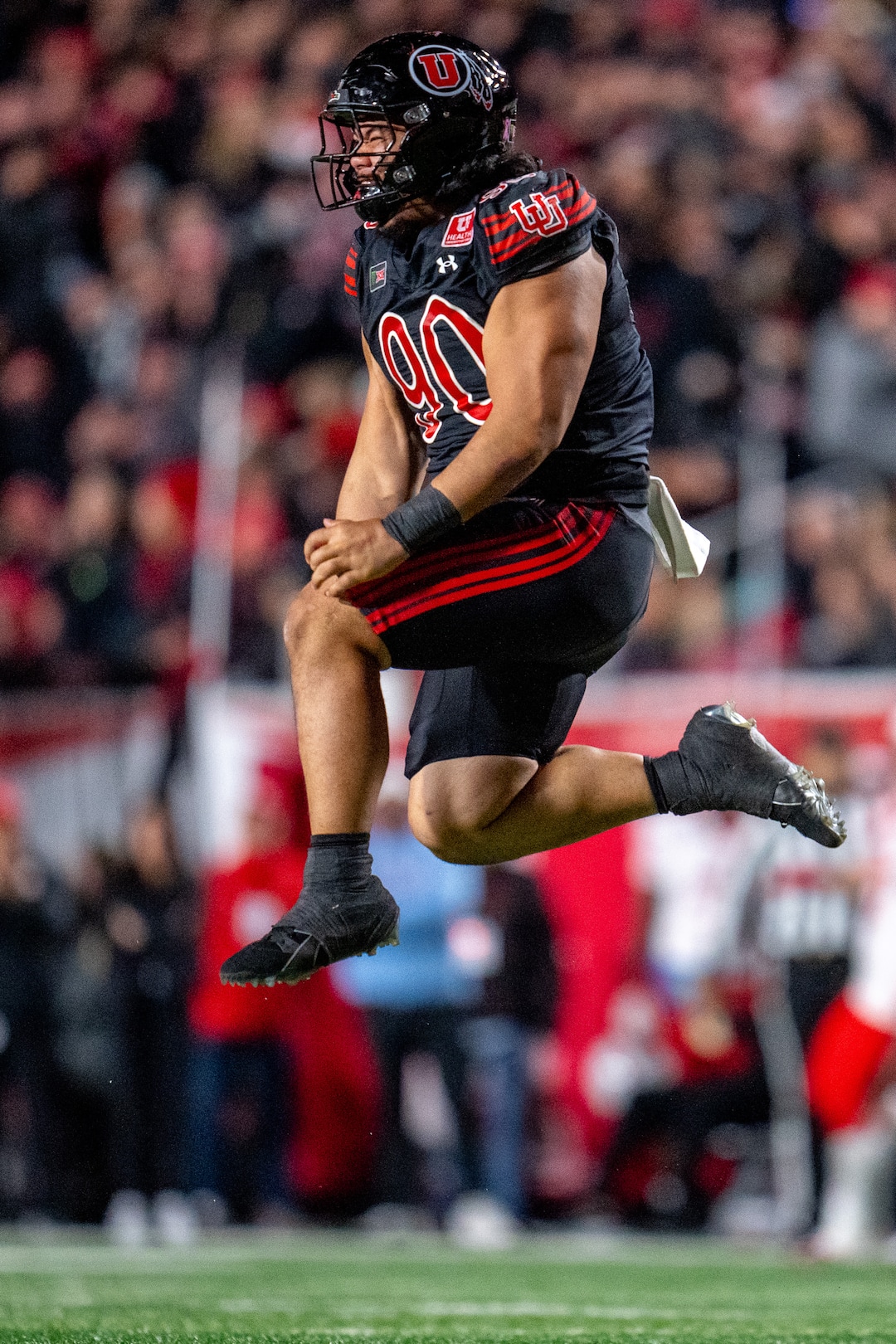 (Trent Nelson  |  The Salt Lake Tribune) Utah Utes defensive tackle Jireh Moe (90) celebrates a sack as Utah hosts Houston, NCAA football at Rice-Eccles Stadium in Salt Lake City on Saturday, Oct. 24, 2026.