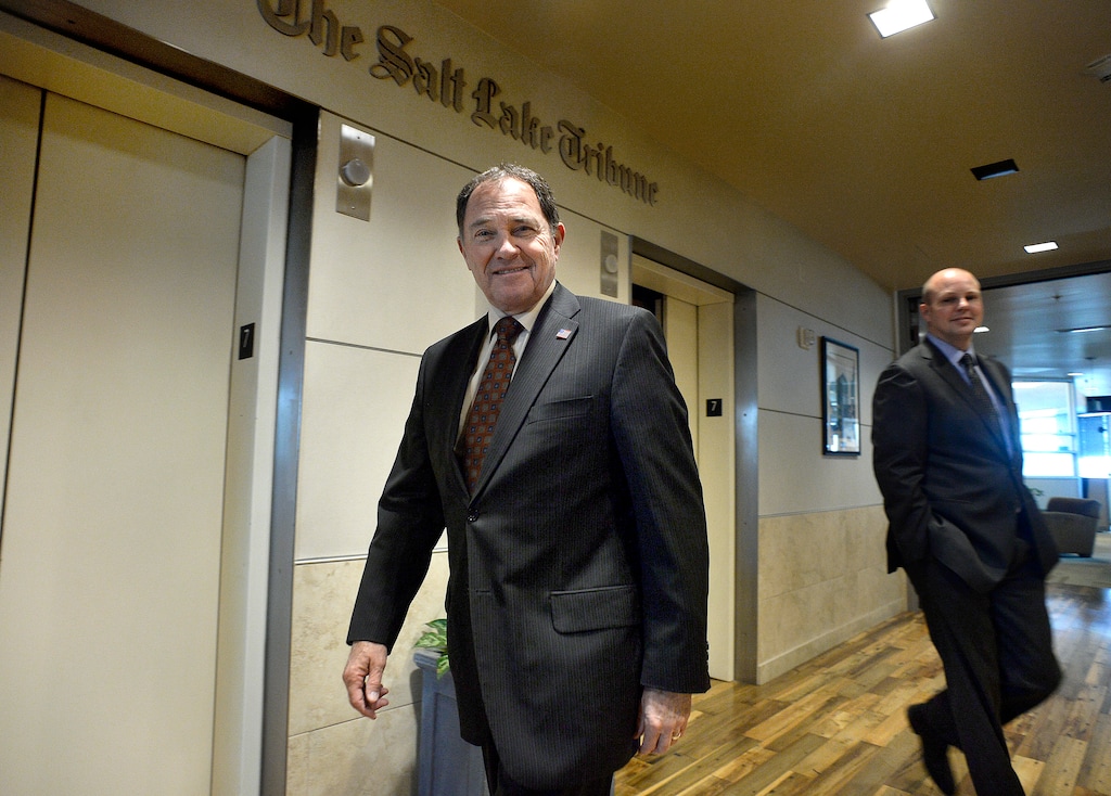 (Scott Sommerdorf   |  Tribune file photo)
Utah Governor Gary Herbert and campaign manager Marty Carpenter arrive at the Salt Lake Tribune office to meet with the editorial board, Thursday, Sept. 29, 2016.