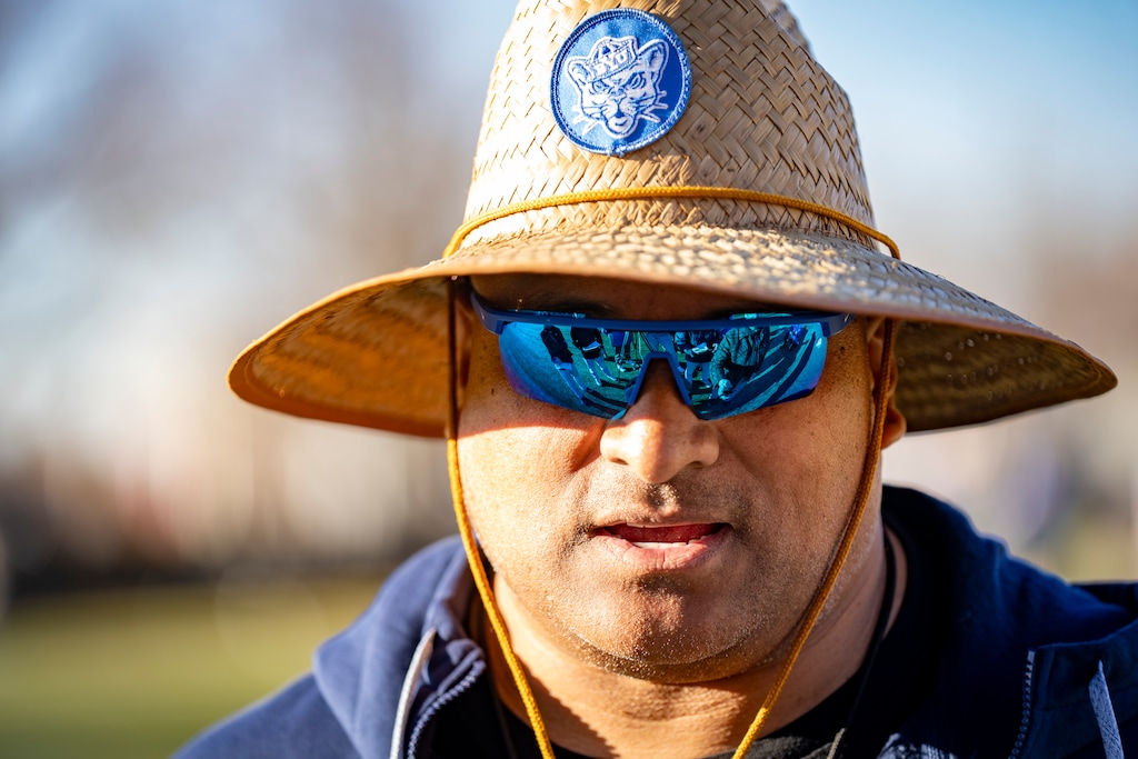 (Rick Egan | The Salt Lake Tribune)  BYU head coach Kalani Sitaki, at spring practice, on Thursday, Feb 27, 2025.