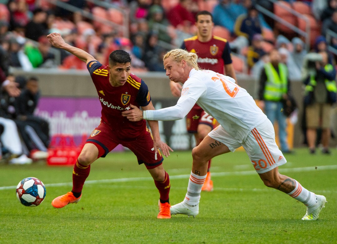 (Rick Egan  |  The Salt Lake Tribune)  Real Salt Lake forward Jefferson Savarino (7) tries to get past Atlanta United midfielder Brek Shea (20), in MLS soccer action between Real Salt Lake and Atlanta United at Rio Tinto Stadium in Sandy, Friday, May 24, 2019.