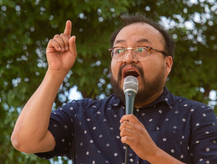 (Rick Egan  |  The Salt Lake Tribune)     Salt Lake City Council candidate Moroni Benally gives a speech during a rally sponsored by Utah Against Police Brutality, at the Salt Lake City Police Station, Tuesday, July 23, 2019.