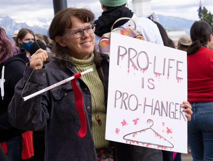 (Rick Egan | The Salt Lake Tribune) Nancy Schnaus joins more than one thousand protesters gather at the steps of The Capitol for the Bans Off Our Bodies protest hosted by Planned Parenthood, on Tuesday, May 3, 2022.
