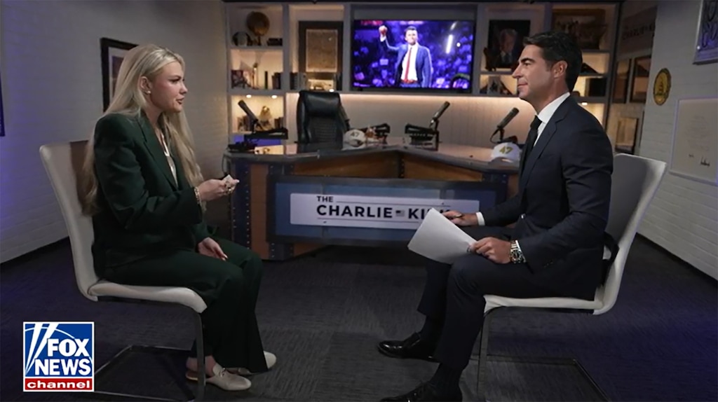 (Fox News) Erika Kirk, left, speaks with anchor Jesse Watters in an interview that aired Wednesday, Nov. 5, 2025.