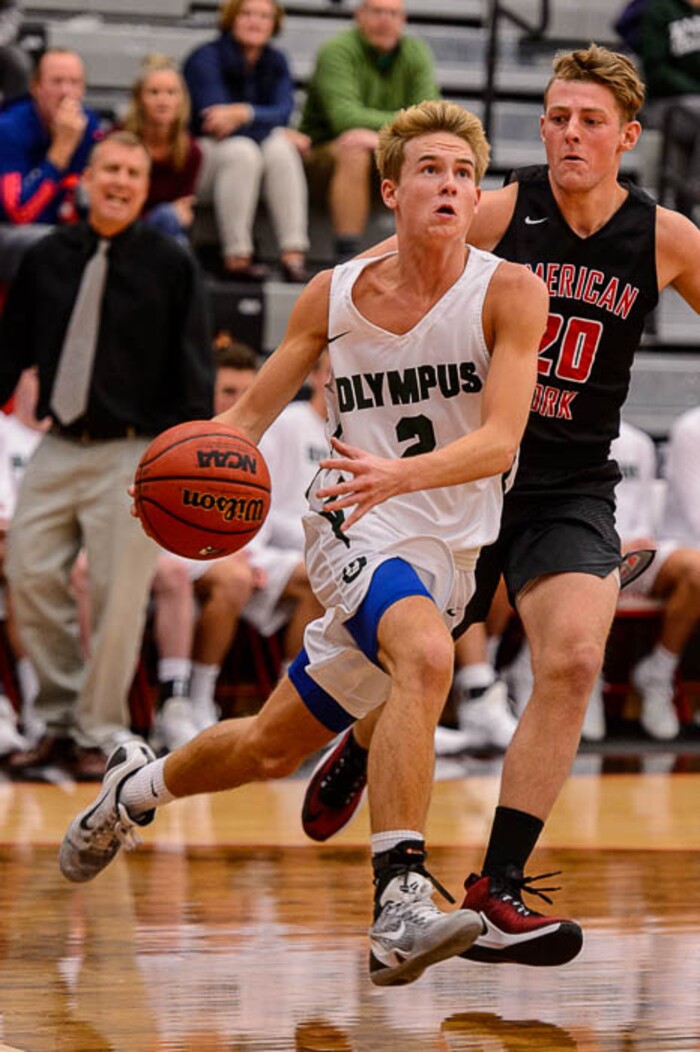 (Trent Nelson | The Salt Lake Tribune)  Olympus's Jacob DowDell as American Fork hosts Olympus in the Utah Elite Eight tournament, Saturday December 9, 2017.