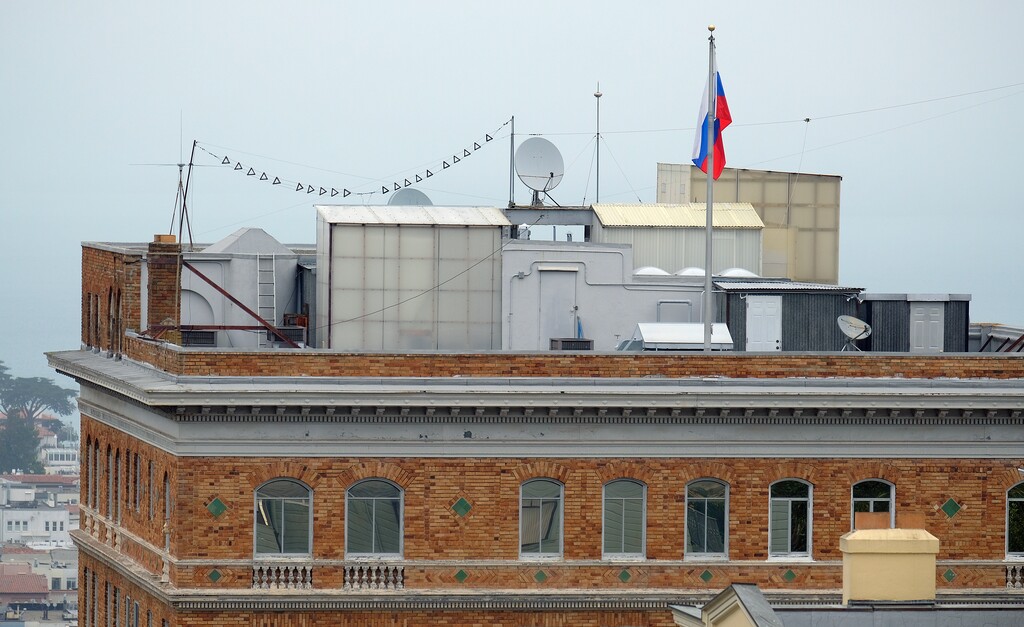 This Thursday, Aug. 10, 2017 photo shows the roof of the Consulate-General of Russia in San Francisco. The United States is retaliating against Russia by forcing closure of its consulate in San Francisco and scaling back its diplomatic presence in Washington and New York. The State Department says move is in response to the Kremlin forcing a cut in U.S. diplomatic staff in Moscow. (AP Photo/Eric Risberg)