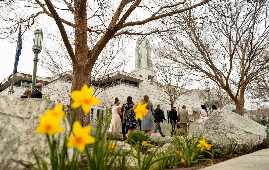 Leah Hogsten  |  The Salt Lake Tribune  Church members file into the afternoon session of the 189th Annual General Conference of The Church of Jesus Christ of Latter-day Saints, April 6, 2019 in Salt Lake City. 
