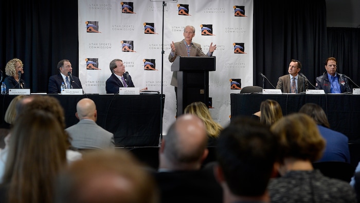 (Scott Sommerdorf | The Salt Lake Tribune)
Senate President Wayne Niederhauser speaks as the rest of the board listens as members of the newly-announced Olympic/Paralympic Exploratory Committee (OEC) met with members of the media to outline their reasons for exploring the possibility of hosting a future Olympic Winter Games, Thursday, October 19, 2017.
From left to right:
Governor Gary R. Herbert
Mayor Jackie Biskupski
President and CEO of Utah Sports Commission Jeff Robbins
Senate President Wayne Niederhauser
Speaker Greg Hughes
Former Salt Lake Organizing Committee COO Fraser Bullock