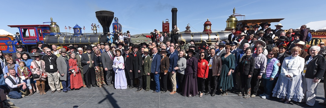 (Francisco Kjolseth  |  The Salt Lake Tribune)  Dignitaries gather for a photo on Friday May 10, 2019, in celebration of the 150th anniversary of the completion of the transcontinental railroad at Promontory Summit where the two rails met back on May 10, 1869.