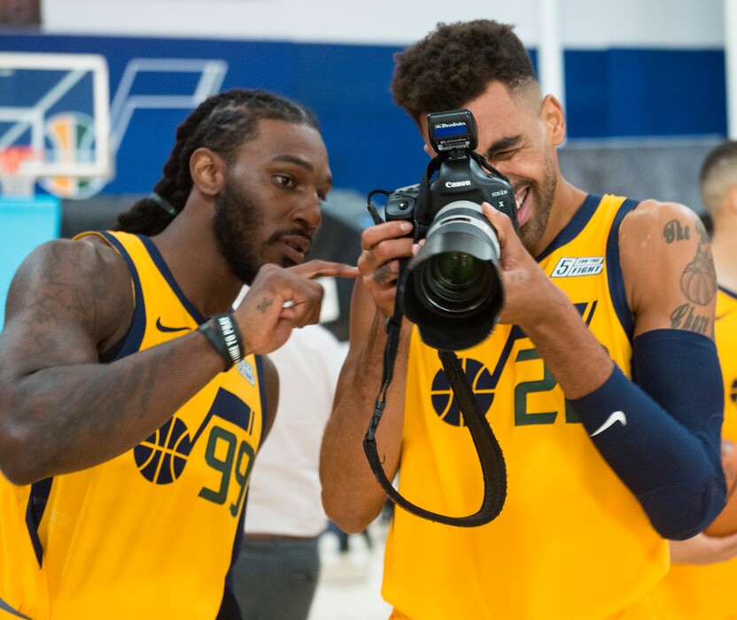 (Rick Egan  |  The Salt Lake Tribune)      Jazz players Jae Crowder and Thabo Sefolosha mess around with a camera during the Utah Jazz annual Media Day photo shoot, Monday, Sept. 24, 2018.