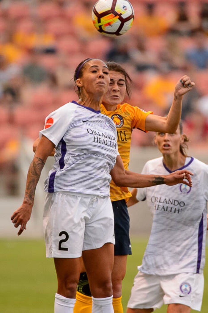 (Trent Nelson | The Salt Lake Tribune)  Utah Royals host Orlando Pride at Rio Tinto Stadium in Sandy, Wednesday May 9, 2018. Orlando Pride forward Sydney Leroux (2) and Utah Royals FC defender Brooke Elby (13).