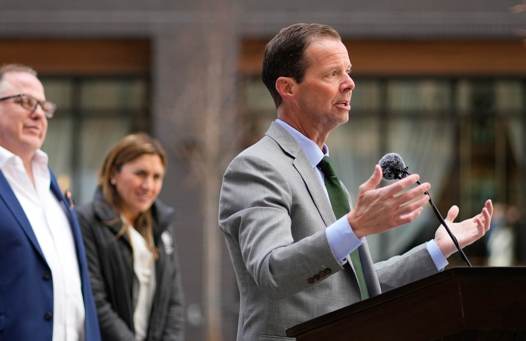 (Francisco Kjolseth | The Salt Lake Tribune) Developer Ryan Ritchie makes a few remarks prior to a ribbon on a new residential and hospitality center known West Quarter, located at 100 South and 300 West in Salt Lake City, opened on Wednesday, April 19, 2023. It includes 240 luxury apartments in a tower called The Charles and 272 guest rooms spread over two hotels, Le Meridien and Element, along with several restaurants and soon-to-be opened retail outlets at ground level.