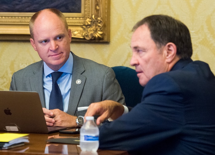 (Rick Egan  |  The Salt Lake Tribune)      Justin Harding, chief of staff for Gov. Herbert, sits in a meeting with Gov. Herbert,  Sen. Stuart Adams and Rep. Brad Wilson, at the governor's office, Tuesday, July 17, 2018.


