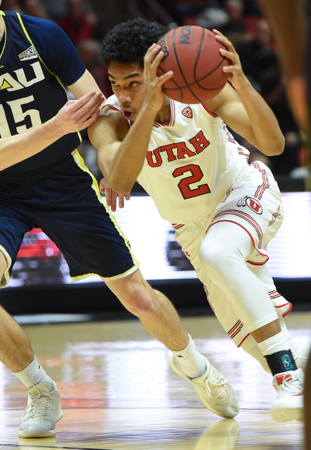 (Francisco Kjolseth  |  The Salt Lake Tribune) Utah Utes guard Sedrick Barefield (2) maneuvers oround Northern Arizona in Men's Basketball at the Jon M Huntsman Center in Salt Lake City, Utah, on Friday, Dec. 21, 2018.