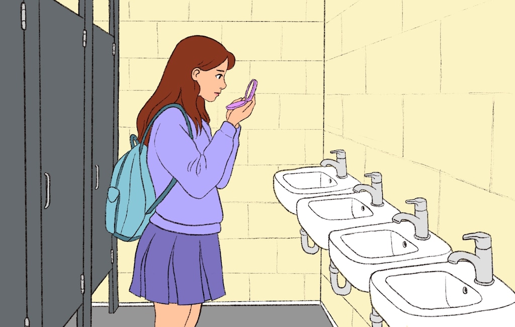 (Illustration by Christopher Cherrington  |  The Salt Lake Tribune) Students at Kearns High School may soon have to revive a retro beauty accessory — the compact mirror — after the school removed all mirrors from its restrooms about a month ago.