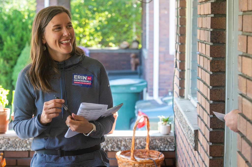 (Rick Egan  |  The Salt Lake Tribune)      Salt Lake City Mayor candidate goes door-to-door talking to constituents in a Sugarhouse neighborhood, Saturday, Sept. 21, 2019.