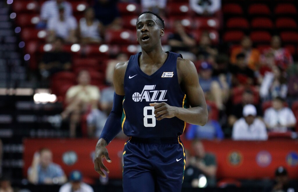 Utah Jazz's Miye Oni plays against the Houston Rockets in an NBA summer league basketball game Thursday, July 11, 2019, in Las Vegas. (AP Photo/John Locher)