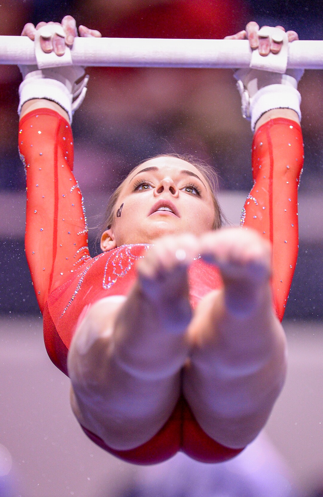 Leah Hogsten  |  The Salt Lake Tribune Utah's Hunter Dula on the bars as No. 3 University of Utah gymnastics team meets BYU gymnastics at the Marriot Center, Jan. 10, 2019.
