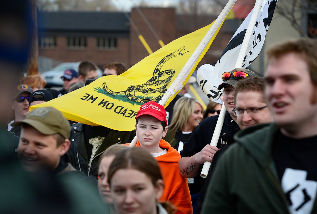 Scott Sommerdorf | The Salt Lake Tribune
Pro-gun March Before Our lives marchers rally across the street from West High School, Saturday, March 24, 2018.