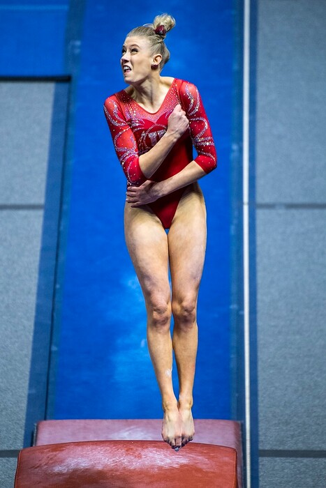 (Chris Detrick  |  The Salt Lake Tribune)  Utah's Makenna Merrell-Giles competes on the vault during the gymnastics meet against Brigham Young University Friday, January 5, 2018.  