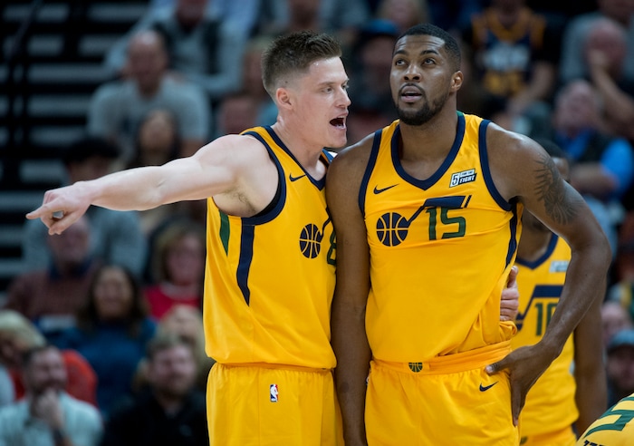 (Rick Egan  |  The Salt Lake Tribune)  Utah Jazz forward Jonas Jerebko (8) chats with Utah Jazz forward Derrick Favors (15) during a break in the action, in NBA action, Utah Jazz vs Houston Rockets in Salt Lake City, Thursday, December 7, 2017.


