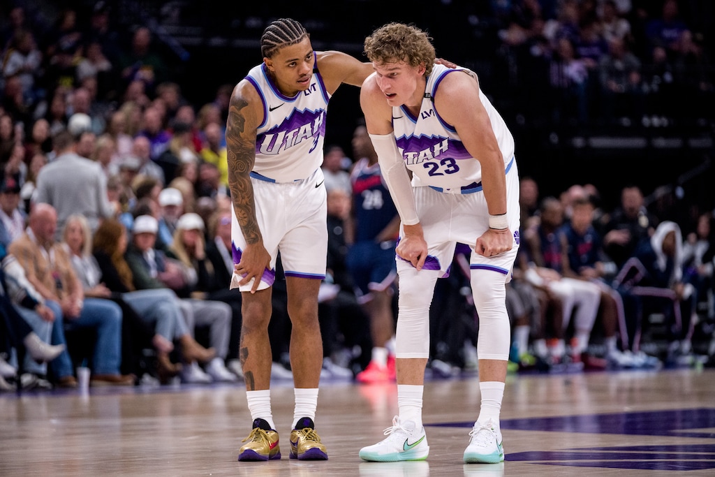 (Trent Nelson  |  The Salt Lake Tribune) Utah Jazz guard Keyonte George (3) and Utah Jazz forward Lauri Markkanen (23) as the Utah Jazz host the LA Clippers, NBA basketball in Salt Lake City on Wednesday, Oct. 22, 2025.