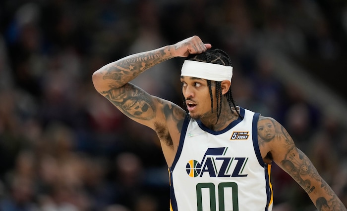 (Francisco Kjolseth | The Salt Lake Tribune) Utah Jazz guard Jordan Clarkson (00) celebrates a thee point shot in NBA action between the Utah Jazz and the LA Clippers at Vivint Smart Home Arena in Salt Lake City, Wednesday, Dec. 15, 2021.