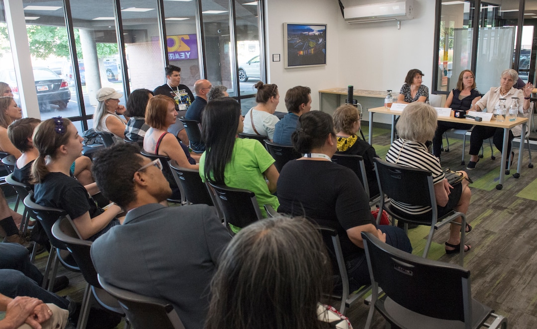 (Rick Egan  |  The Salt Lake Tribune)    Leah Farrell (left) and Ivy Fox (center), original plaintiffs from the East High Gay/Straight Alliance vs. Board of Education of Salt Lake City, join Carol Gnade (right)  during a panel discussion on the 20th anniversary of a landmark lawsuit, at the Utah Pride Center, Friday, Aug. 3, 2018.