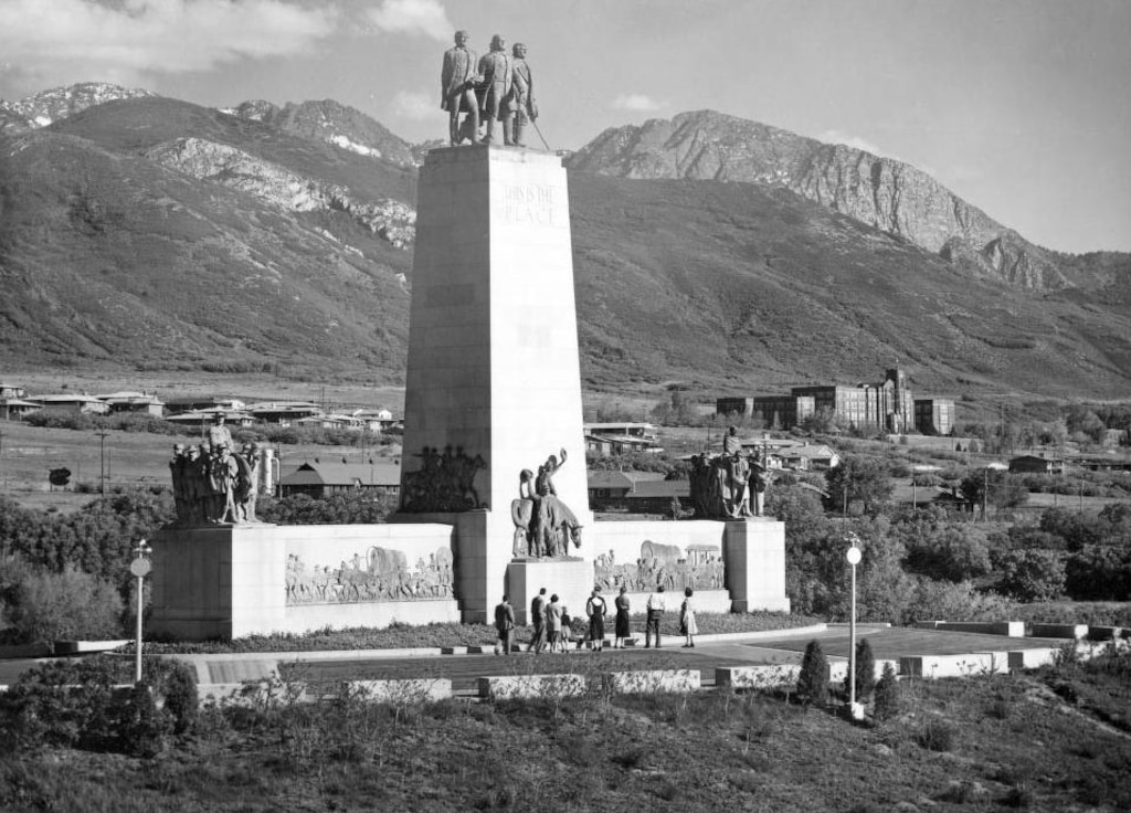 (Courtesy Utah State Historical Society)
Visitors are seen at the This Is The Place monument in 1955.