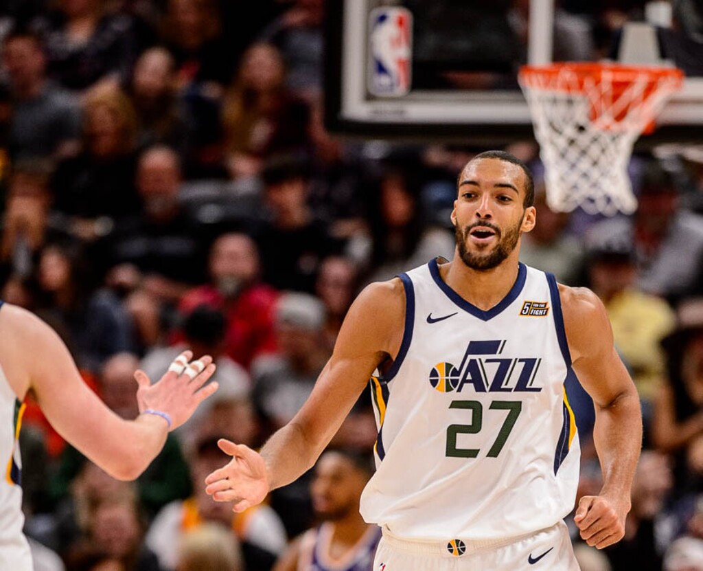 (Trent Nelson | The Salt Lake Tribune)
Utah Jazz center Rudy Gobert (27) as the Utah Jazz host the Phoenix Suns, NBA basketball in Salt Lake City on Monday March 25, 2019.