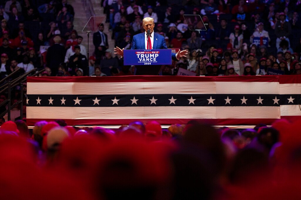 (Hiroko Masuike | The New York Times) Former President Donald Trump, the Republican presidential nominee, speaks during a campaign rally at Madison Square Garden in New York on Sunday, Oct. 27, 2024.
