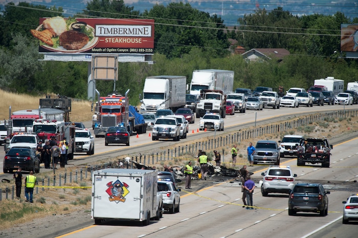 Rick Egan  |  The Salt Lake Tribune

Four people died when their small plane crashed in the middle of I-15 near Riverdale around 1:00 pm. The crash closed the freeway to northbound traffic, Wednesday, July 26, 2017.


