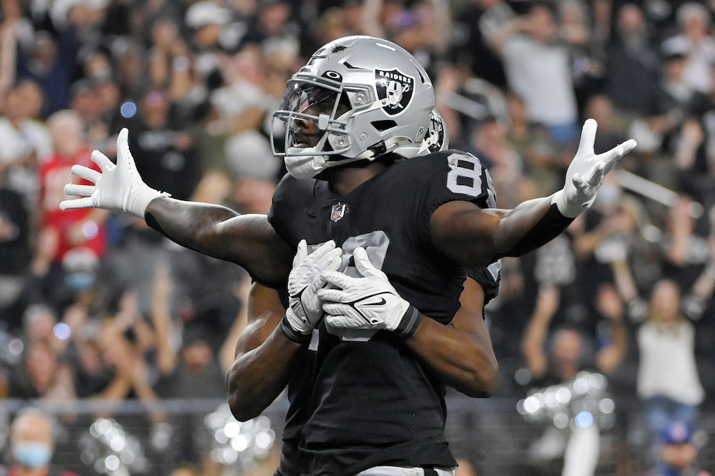 (David Becker | AP) Las Vegas Raiders wide receiver Bryan Edwards (89) celebrates after scoring a touchdown against the Kansas City Chiefs during the second half of an NFL football game, Sunday, Nov. 14, 2021, in Las Vegas.