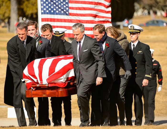 (Trent Nelson | The Salt Lake Tribune)  Pallbearers at the graveside service for Jon Huntsman Sr. at Wasatch Lawn Memorial Park & Mortuary in Salt Lake City, Saturday February 10, 2018.