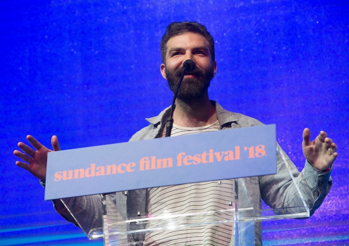 (Rick Egan  |  The Salt Lake Tribune)     Jeremian Zagar accepts the NEXT Innovator Award, at the 2018 Sundance Film Festival Awards Night, Saturday, January 27, 2018.


