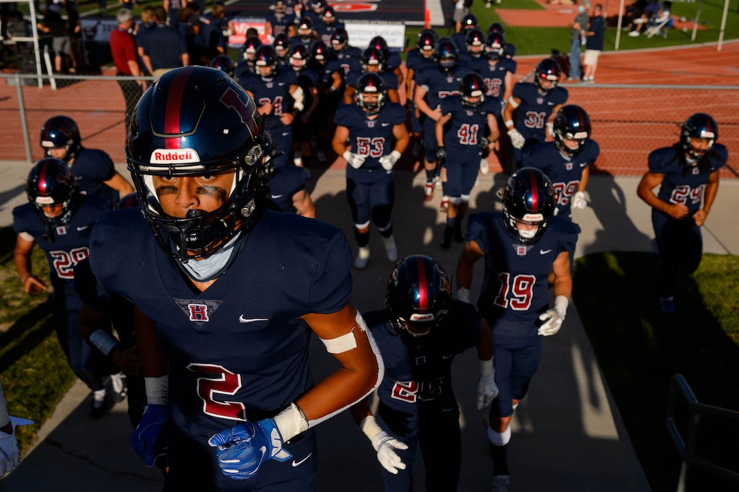 (Trent Nelson  |  The Salt Lake Tribune) Herriman players before facing Davis, high school football, in Herriman on Thursday, Aug. 13, 2020.