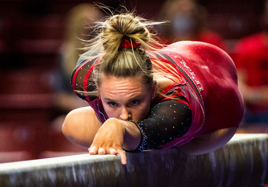 (Rick Egan | The Salt Lake Tribune) Maile O'Keefe competes on the beam for Utah in the Best of Utah gymnastics meet at the Maverik Center on Saturday, Jan. 9, 2021.