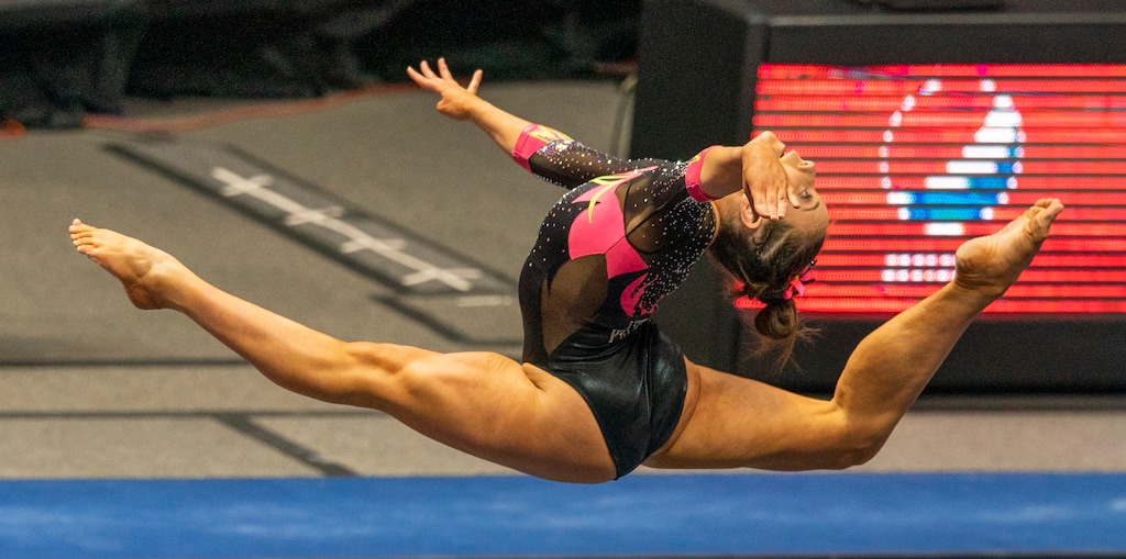 (Rick Egan | The Salt Lake Tribune) Jaylene Gilstrap performs on the floor, in PAC-12 gymnastics action Utah vs Arizona, at the Huntsman Center onSaturday, Jan. 23, 2021.