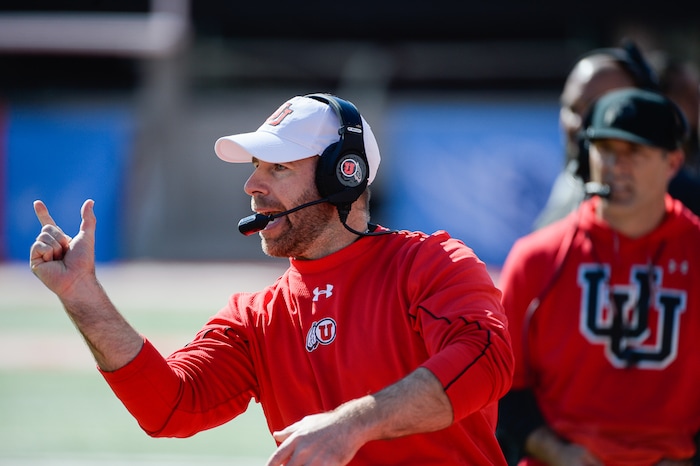 (Francisco Kjolseth  |  The Salt Lake Tribune)  Defensive coordinator Morgan Scalley yells out to his players as the Utah Utes hold their first of two major scrimmages of spring practice at Rice Eccles stadium on Saturday, March 30, 2019, prior to the April 13 Red-White Game. 