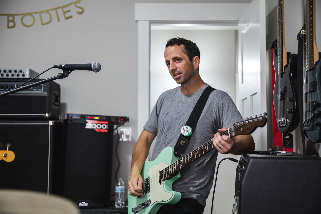 (Clark Clifford  |  For The Salt Lake Tribune) Bryce Taylor of Noble Bodies pauses during a practice for an upcoming show in the band's rehearsal space in Orem on Saturday, Aug. 3, 2019.