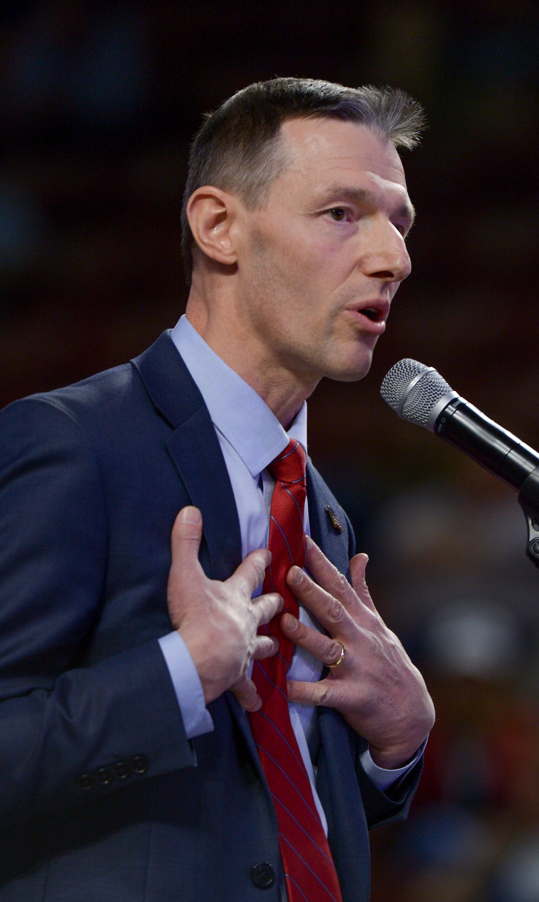 (Leah Hogsten  |  The Salt Lake Tribune) U. S. Senate candidate Mike Kennedy delivers his speech to the delegates at the Utah Republican Nominating Convention Saturday, April 21, 2018 at the Maverik Center. Kennedy and Mitt Romney will head to the primary. 