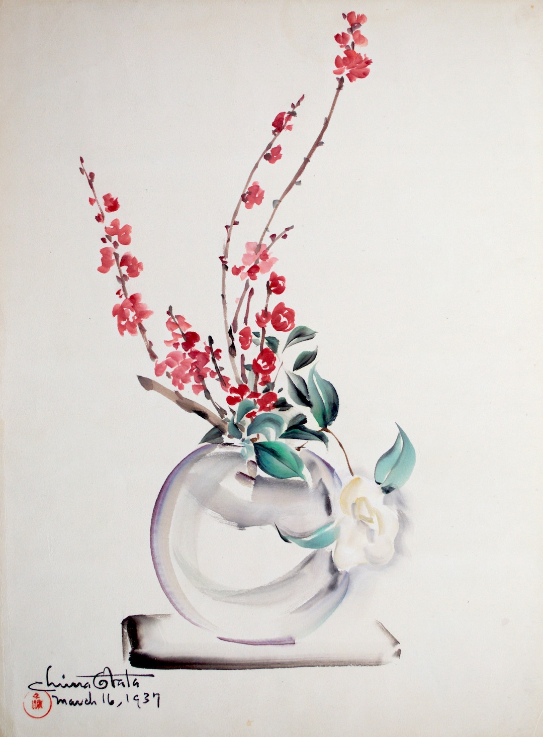(Chiura Obata  |  courtesy Utah Museum of Fine Arts) "Untitled (Ikebana in a Glass Vase)," a 1937 color ink-on-paper work by Japanese-American artist Chiura Obata. Obata's work will be shown in a major touring retrospective, May 25-Sept. 8 at the Utah Museum of Fine Arts.