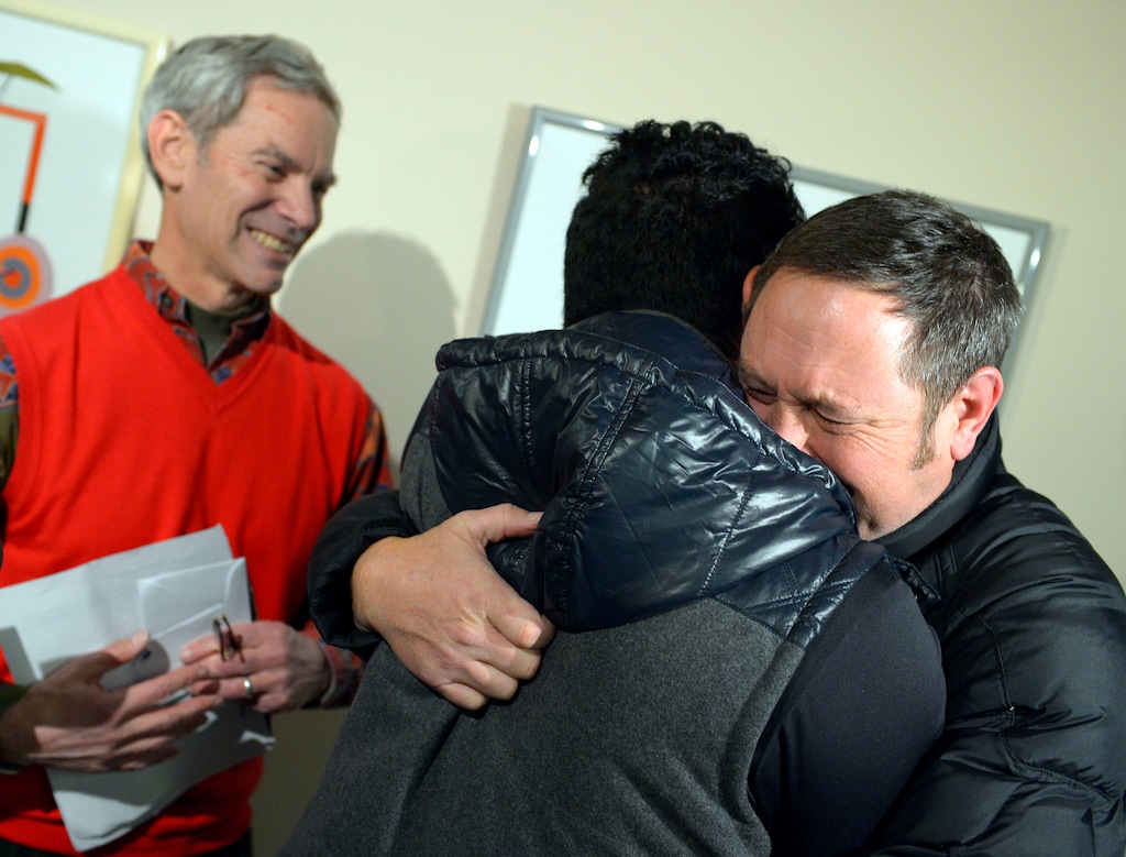 Keith Johnson | The Salt Lake Tribune
Brian Morris, right, hugs Noni Blake after they were married by Salt Lake City mayor Ralph Becker outside the Salt Lake County clerk's office, Friday, Dec. 20, 2013. A federal judge in Utah that day struck down the state's ban on same-sex marriage, saying the law violates the U.S. Constitution's guarantees of equal protection and due process.