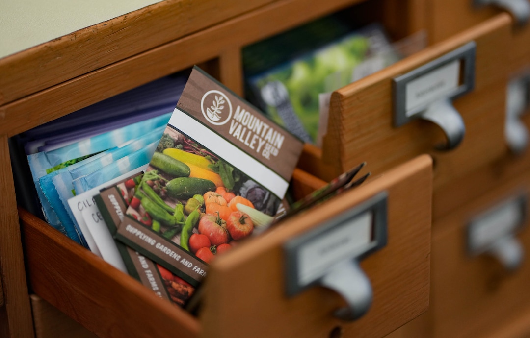 (Francisco Kjolseth | The Salt Lake Tribune) An old card catalogue cabinet proves to be the perfect thing to store packets of seeds as part of the seed library at the Central Library in Salt Lake City as seen on Saturday, April 16, 2022. 